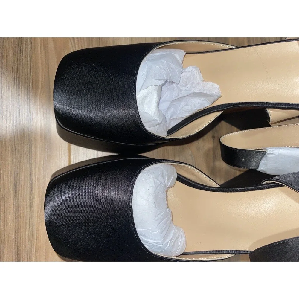 Women Platform‎ Chunky Sling back Satin Heels, Sz 8